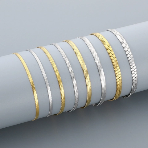 Flat Herringbone Chain Bracelet Stainless Steel 18K Gold Plated Minimalist Snake Bone Jewelry For Women Men