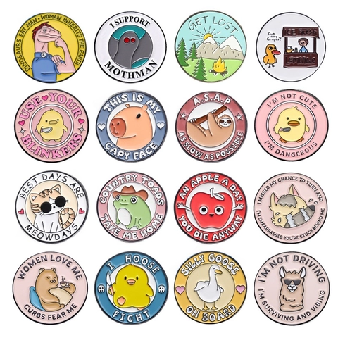 Broche De Esmalte De Aleación Redondo Animales Dibujos Animados Insignia Slogan Inglés Divertido Para Ropa Bolsos
