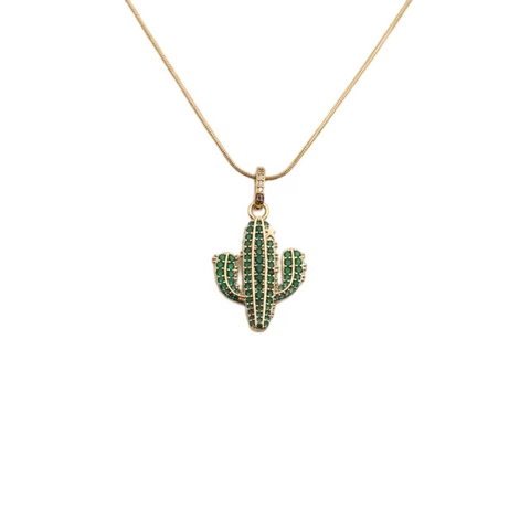 Cactus Pendant Necklace Copper Gold Plated Green White Zircon Snake Bone Chain Fashion Jewelry For Women Elegant Charm