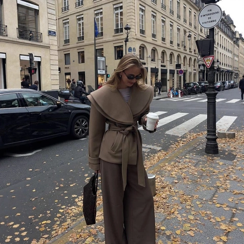 Women Short Woolen Coat Large Lapel Belted Waist Solid Color Autumn Winter Streetwear Outerwear Jacket