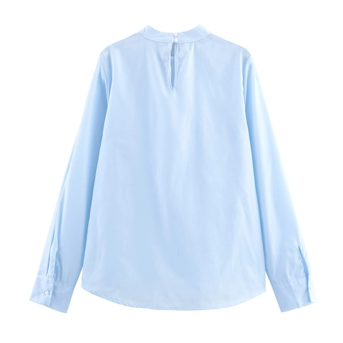 Damen Bluse Einfarbig Polyester Langarm Stehkragen Schleife Dekor Pendler Süß Elegant Büro Dame Oberteil Hemd