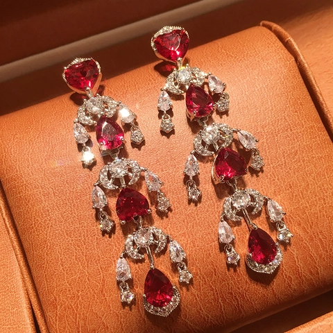 Pendientes Colgantes De Corazón Y Lágrima Con Poste De Plata Esterlina 925 Circonita Roja Joyería Lujo Vintage Boda Mujer
