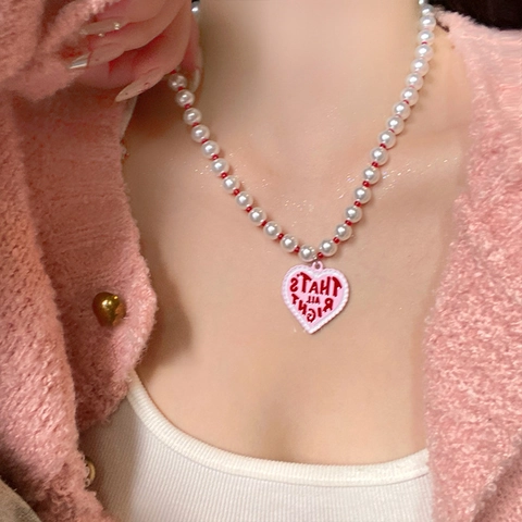 Collar Con Colgante De Corazón Con Perlas Artificiales De Imitación Y Cuentas Rojas Retro Y2K Corazón Rosa Letras Cadena De Clavícula Mujer