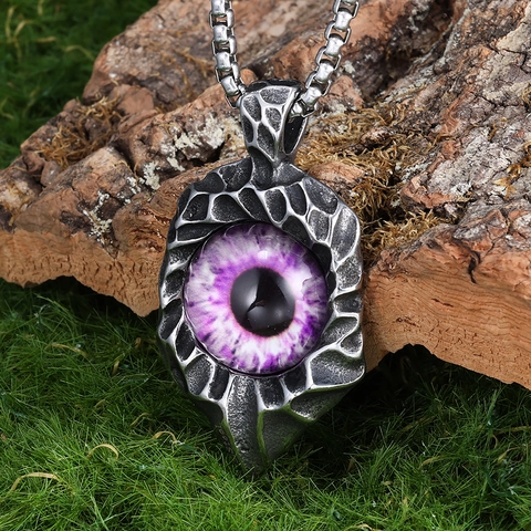 Collier Pendentif Œil Du Diable Violet Gothique Acier Inoxydable Punk Hip Hop Bijoux Vintage Hommes Femmes