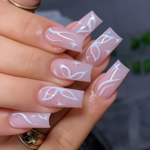 Künstliche Fingernägel Lange Eckige Form Rosa Schmetterling Weißes Sternmuster Glänzendes ABS-Material Künstliche Nägel