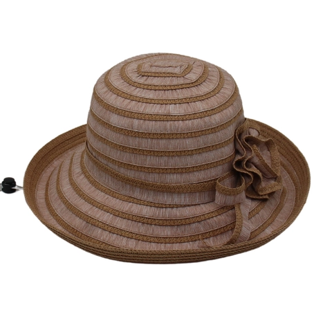 Women Wide Brim Sun Hat Polyester Striped Flower Decor Foldable UV Protection Beach Vacation Elegant Adjustable Rope
