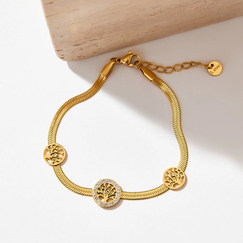 Bracciale Albero Della Vita In Acciaio Inossidabile Per Donna Zirconia Cubica Catena Serpente Ciondolo Circolare Cavo Gioielli