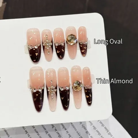 Long Stiletto Press On Nails French Gradient Pink Brown Luxury Rhinestone Gold Foil Handmade Reusable Artificial Nail Tips