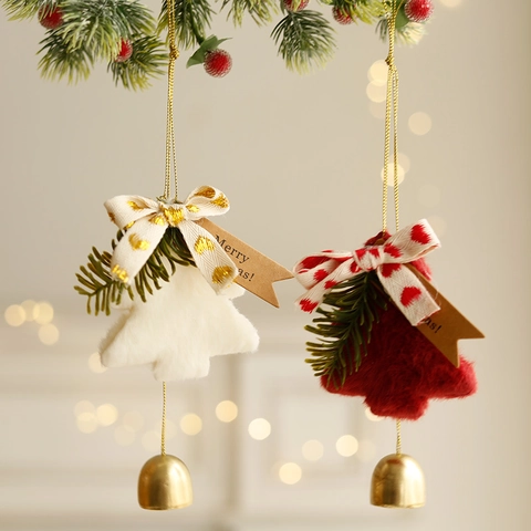 Christmas Hanging Ornaments Plush Tree Bell Shape With Metal Bell Bow Ribbon For Home Party Festive Holiday Decor