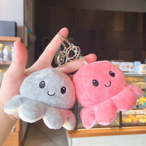 Reversible Octopus Plush Keychain Flip Double Sided Expression Key Ring Cute Soft Stuffed Animal Bag Charm Accessory