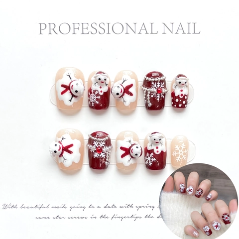 Christmas 3D Snowman Press On Nails With Snowflake Rhinestone Artificial Pearl Decoration Winter Cute Fake Nails For Women