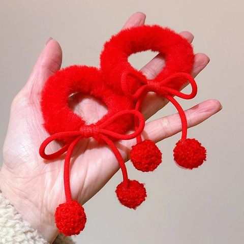 Plush Hair Tie With Bowknot And Pompoms High Elasticity Cute Soft Hair Scrunchie For Women Girls Autumn Winter Accessories