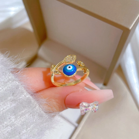 Evil Eye Blatt Ring Gold Vergoldet Messing Zirkon Verstellbar Offen Mode Schmuck Für Frauen Minimalistisch