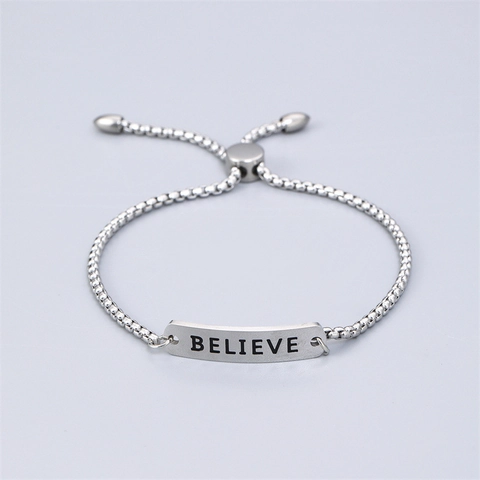Believe Graviertes Plattenarmband Edelstahl Verstellbarer Schiebeverschluss Boxkette Inspirierender Schmuck Unisex