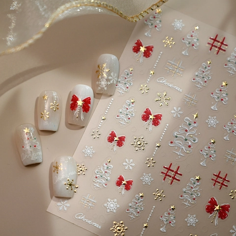 3D Embossed Christmas Nail Art Stickers Snowflakes Red Bows Stars Self Adhesive Manicure DIY Decoration Winter Holiday
