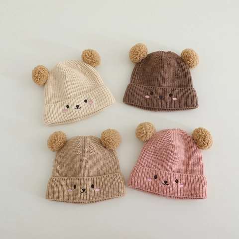 Bonnet En Tricot Pour Bébé Chaud Fil De Laine Épaissi Pompons Oreilles D'ours Broderie Tout-petit Accessoires Hiver