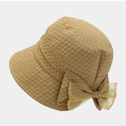 Anglerhut Damen Polyester Geprägte Textur Organza Schleife Sonnenschutz Atmungsaktiv Faltbar Strand Reise Eleganter Hut
