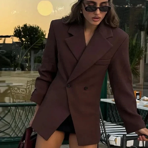 Women Button Front Blazer Jacket Solid Brown Notched Lapel Slim Fit Polyester Urban Fashion Commuter Outerwear