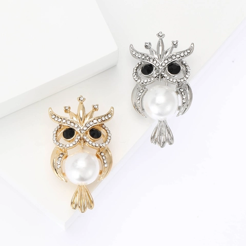 Cute Owl Brooch With Artificial Pearl Rhinestone Alloy Bird Animal Corsage Pin Jewelry For Women Dress Suit Accessories