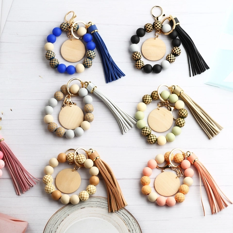 Portachiavi a Bracciale in Perle di Silicone Con Nappa Ciondolo in Legno Motivo a Scacchiera Braccialetto Donna Regalo Festa della Mamma