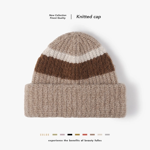 Striped Wool Blend Knitted Beanie Hat Double Cuffed Brim Thickened Warm Winter Cap For Men Women Casual Retro Style