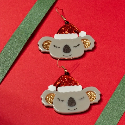 Koala Drop Earrings Acrylic Santa Hat Glitter Christmas Festive Jewelry Animal Shape For Women Girls