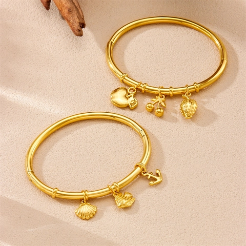 Bracciale Rigido In Acciaio Inossidabile Placcato Oro Design Bambù Con Ciondoli Vita Marina Frutta Gioielli Donna
