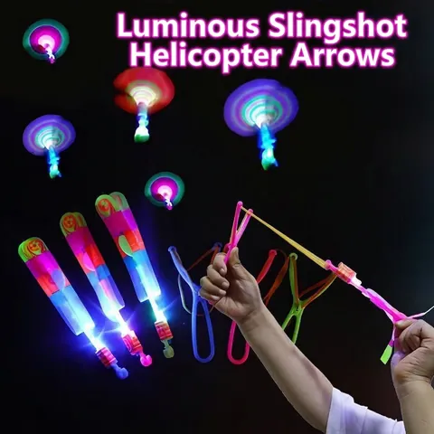 LED Slingshot Flying Arrow Toy Glowing Rocket Helicopter Plastic Flashing Elastic Launch Night Outdoor Play For Kids