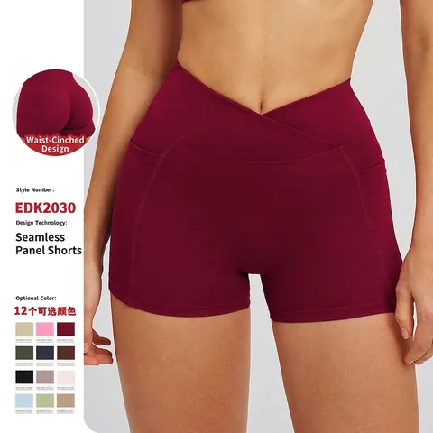 Damen Yoga Shorts Hohe Taille V-Bund Seitentaschen Nylon Spandex Sport Laufen Fitness Gym