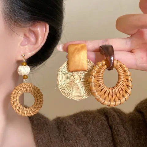 Boucles D'oreilles Faites À La Main En Rotin Raphia Pour Femmes Style Bohème Rétro Ethnique Bois Résine Avec Tige En Argent