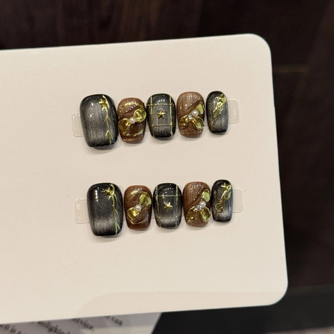 Handmade Press On Nails Black Brown Cat Eye Star Retro Luxury Faux Pearl Heart Decor Reusable False Nails For Women