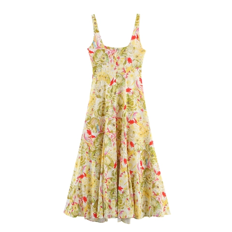Vestito Maxi Floreale Da Donna Misto Lino Senza Maniche Scollo Quadrato Stile Vacanza Linea A Abito Estivo Lungo