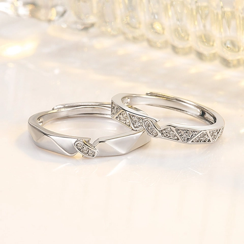 Geometric Couple Ring Copper Zircon Micro Pave Adjustable Open Ring Wedding Jewelry For Lovers Commuting Style