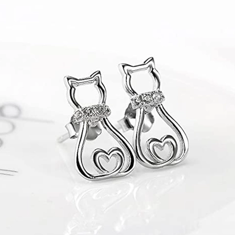 Orecchini A Lobo Gatto Per Donna Grazioso Design Gattino Cavo Dettaglio Cuore Zircone Incastonato Gioielli In Rame Stile Coreano