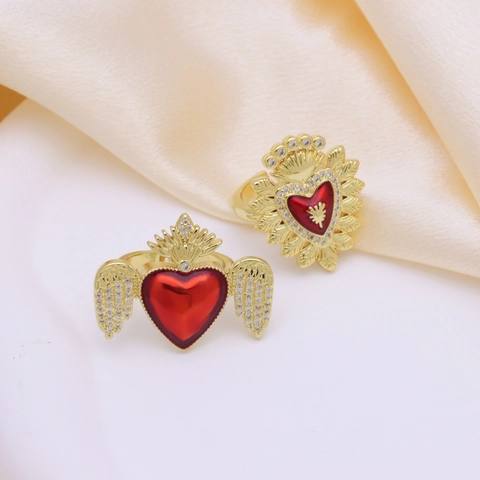 Vintage Kupfer Herz Offener Ring Mit Zirkonia Muschel Inlay Vergoldet Einstellbare Herzform Flügel Modeschmuck Für Damen