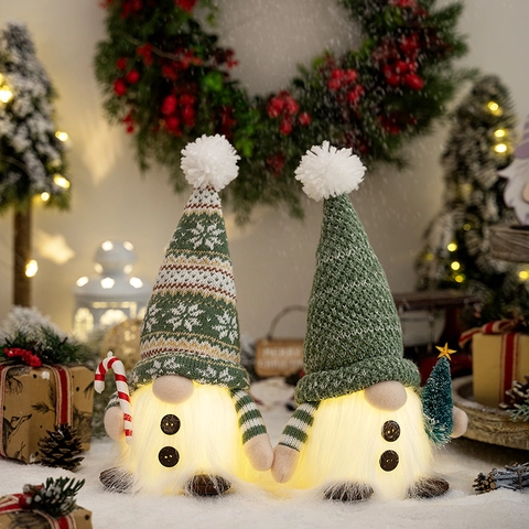 Weihnachten Zwerg Dekorationen LED Beleuchtet Plüschpuppe Strickmütze Zuckerstange Mini Baum Tischplatte Feiertag Haus Ornament