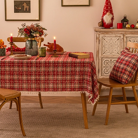Mantel De Navidad Poliéster Cuadros Rojos Impresión Copo De Nieve Borde Borla Pom Pom Para Decoración De Comedor De Vacaciones