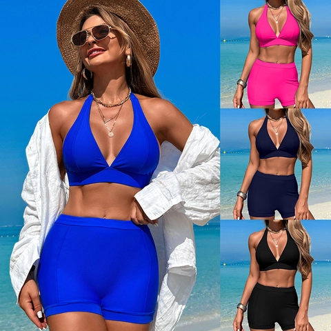 Halter V-Neck Bikini Top And High Waisted Boyshorts Solid Color Nylon Swimsuit For Beach Vacation Women