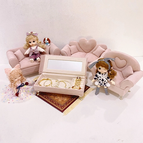 Pink Velvet Miniature Furniture Shaped Jewelry Box Sofa Chair Cabinet Organizer Case With Mirror
