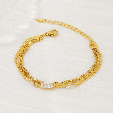 Mehrlagiges Armband 18 Karat Vergoldet Edelstahl Rechteckiger Zirkon Geometrischer Modeschmuck Für Damen