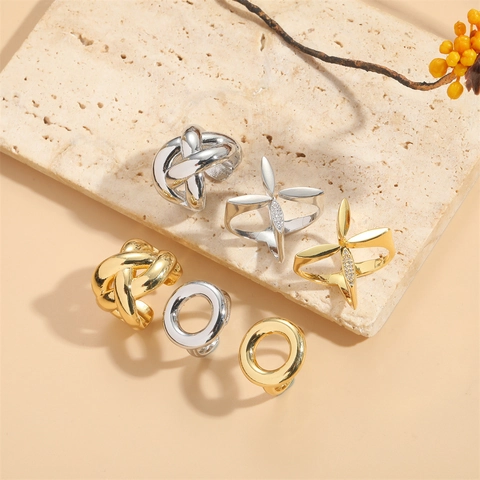 Copper Adjustable Open Ring With Zircon Cross Geometric French Retro Style Trendy Minimalist Jewelry For Women