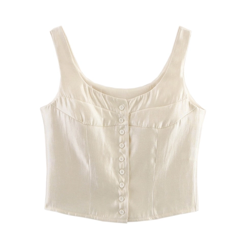 Women Satin Tank Top Button Down Sleeveless Camisole Elegant Slim Fit Cropped Solid Color Creamy White Vest