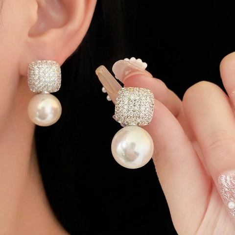 Square Zircon Round Artificial Pearl Drop Earrings Copper With 925 Sterling Silver Earring Post French Chic Elegant Women