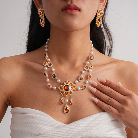 Collana Orecchini Barocchi Vintage Lega Perla Artificial Ambra Strass Ciondolo Goccia Stile Palazzo Donne Con Silver Earring Post