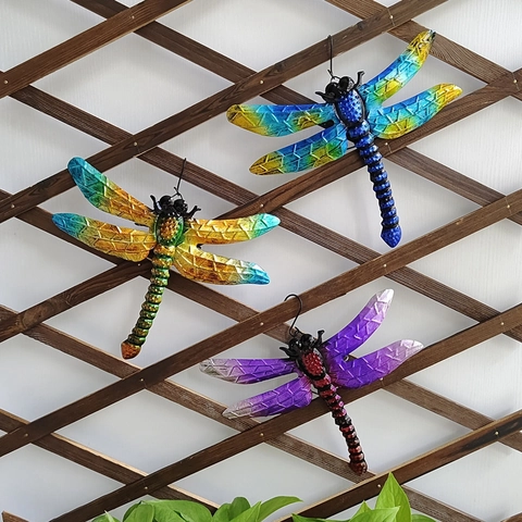Colorful Metal Dragonfly Wall Decor Iron Art Painted Hanging Sculpture For Outdoor Garden Patio Home Pastoral Style