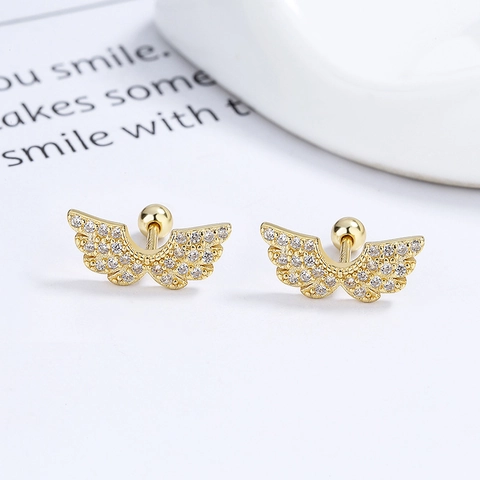 Orecchini a Bottone in Argento Sterling 925 a Forma di Ala per Donna Strass Chiusura a Vite Gioielli