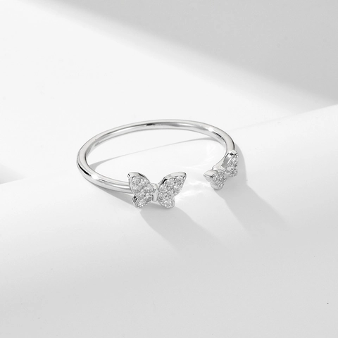 Verstellbarer Schmetterling Offener Ring 925 Sterlingsilber Zirkonia Eingelegter Eleganter Fingerschmuck Damen