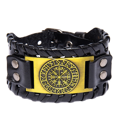Men Viking Compass Totem Wide Leather Bracelet Vintage Alloy Woven Bangle Norse Runes Punk Jewelry Adjustable Wristband Gift
