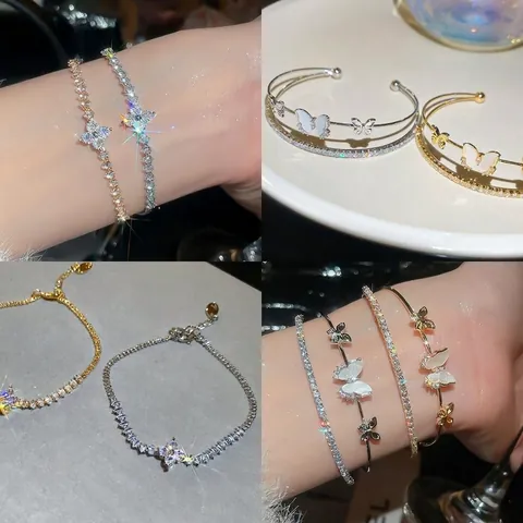 Korean Butterfly Flower Bracelet Bangle Set Double Layer Copper White Shell Zirconia Elegant Women Jewelry Accessories