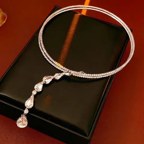 Water Drop Pendant Necklace Copper Zircon Silver Color Layered Y Shape Choker Luxury Elegant High End Jewelry For Women